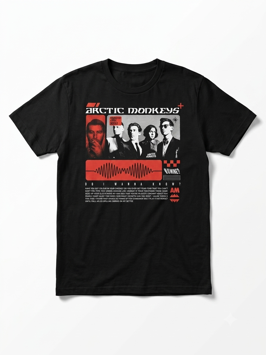 Kaos hitam dengan sablon merah